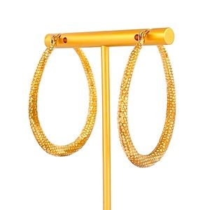 Textured Tear Drop Shaped Oblong Gold Hoop Earrings